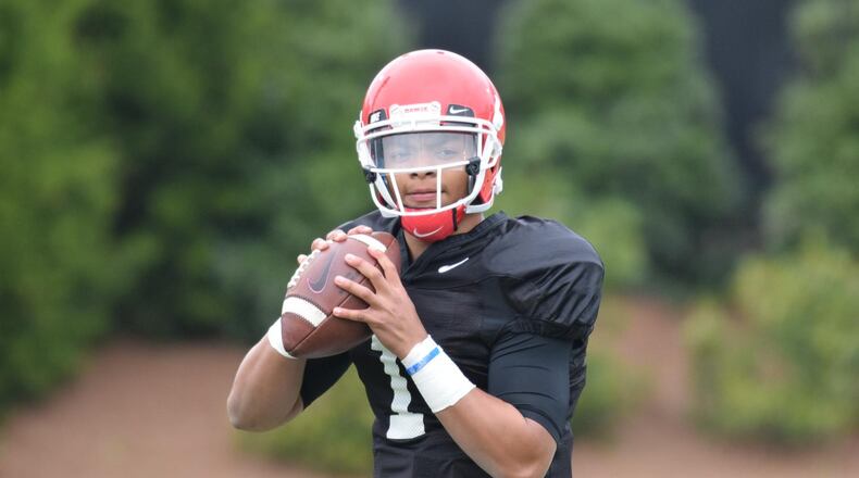 Georgia quarterback Justin Fields (1) during the Bulldogs' practice on the Woodruff Practice Fields in Athens, Ga., on Tuesday, March 27, 2018. (Photo by Steven Colquitt / UGA Athletic Department)