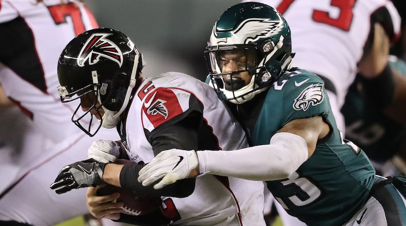 Eagles safety Rodney McLeod sacks Falcons quarterback Matt Ryan during the second half in their NFC Divisional Game on Saturday, January 13, 2018, in Philadelphia.    Curtis Compton/ccompton@ajc.com