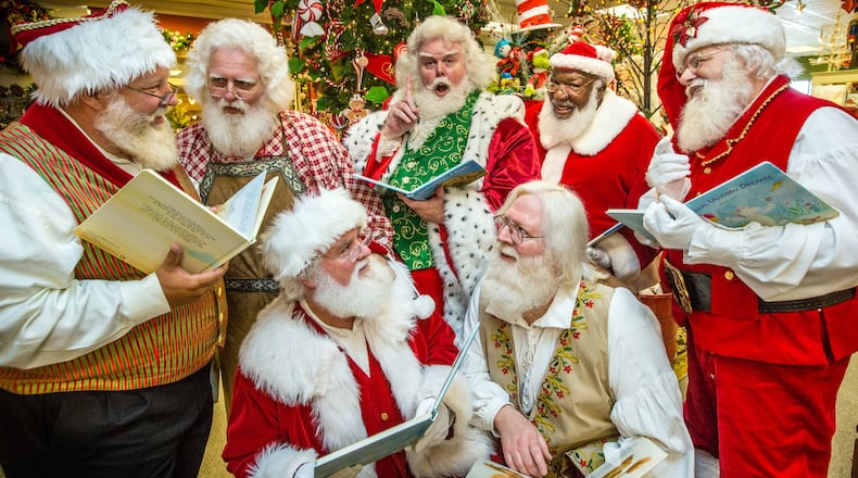 At Parsons Christmas Store, Cesar Jay Janeira (from top left), Tom Cape, Thomas Tolbert, James B. Nuckles, Lou Knezevich, Willie Williamson (from bottom left) and Ken Martin share trade secrets about being their best Santas. (Jenni Girtman / Atlanta Event Photography)