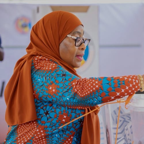 Tanzanian President Samia Suluhu Hassan casts her vote during the general elections at Chamwino polling station in Dodoma, Tanzania, Wednesday, Oct. 29, 2025. (AP Photo)