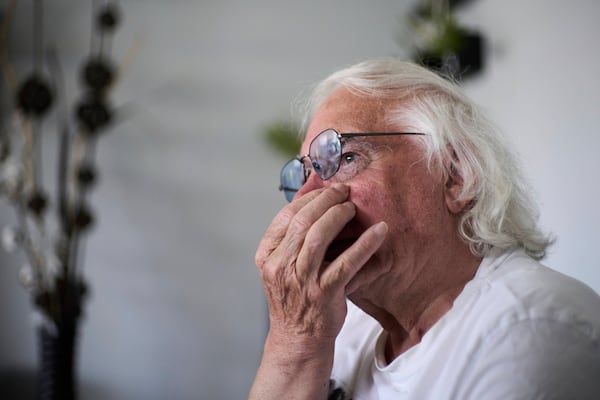 Ben Buitenhuis, a 83-year-old surivor of the 1944-1945 Hunger Winter, reacts during an interview in Delft, Netherlands, Tuesday, April 29, 2025. (AP Photo/Peter Dejong)