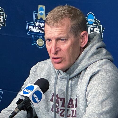 FILE - Montana coach Bobby Hauck talks Friday, Jan. 5, 2024, about the team's NCAA Football Championship Subdivision title game against top-rated South Dakota State in Frisco, Texas. (AP Photo/Stephen Hawkins,File)