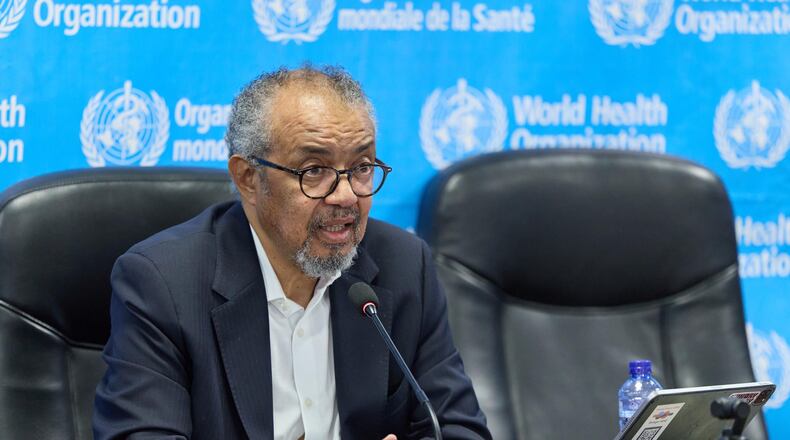In this photo released by the World Health Organization (WHO), Tedros Adhanom Ghebreyesus, WHO Director General, speaks during a meeting with partners in Kinshasa, Congo, Wednesday, Aug 5, 2026. (World Health Organization Via AP)