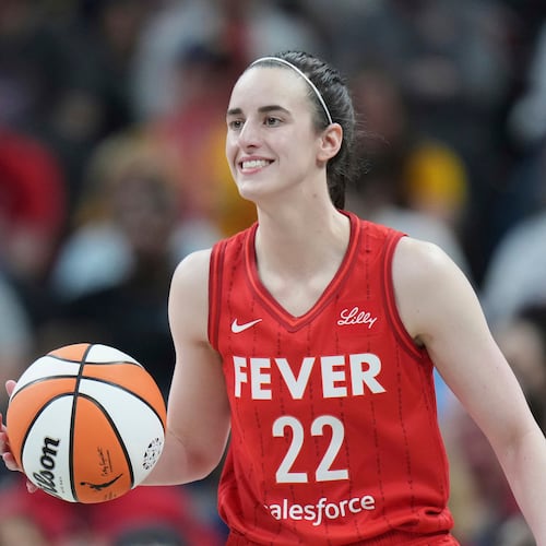 FILE - Indiana Fever guard Caitlin Clark (22) in action during a WNBA basketball game against the Chicago Sky in Indianapolis, May 17, 2025. (AP Photo/AJ Mast, File)