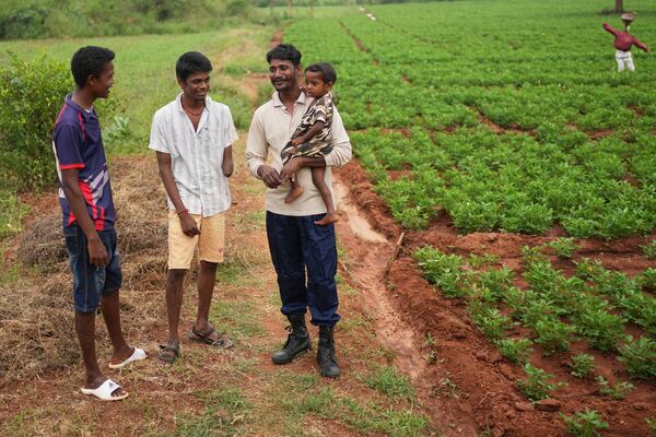 Vilvaraj Vinothan, right, who works for a demining agency, holds his child as he interacts with his younger brothers, Kumarakulasingham Dinojan, center, and Vilvaraj Jethurshan, in the field near their home where where Dinojan and Jethurshan were injured in an explosion six years ago, in Mankindi, Sri Lanka, Tuesday, April 1, 2025. (AP Photo/Eranga Jayawardena)