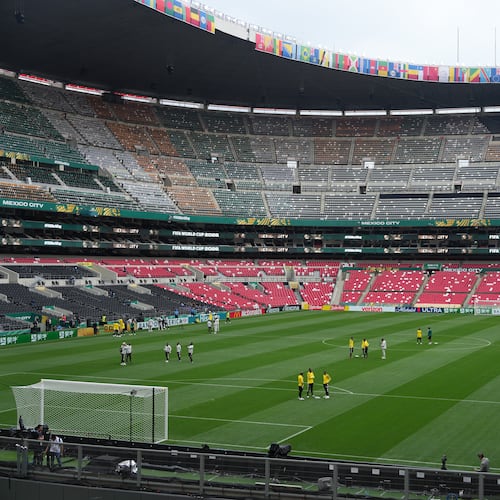Playes of South Africa visit the stadium in Mexico City, Wednesday, June 10, 2026, a day before their opening FIFA World Cup match against Mexico. (AP Photo/Eduardo Verdugo)