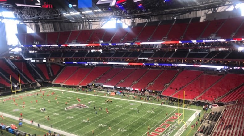 Pressbox view before the Bucs (3-7) face the Falcons (3-7) at Mercedes-Benz Stadium at 1 p.m. Sunday, November 24, 2019. (By D. Orlando Ledbetter/dledbetter@ajc.com)