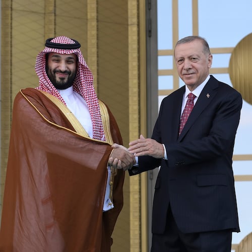 FILE - Turkish President Recep Tayyip Erdogan, right, and Saudi Crown Prince Mohammed bin Salman shake hands during a welcome ceremony, in Ankara, Turkey, Wednesday, June 22, 2022. (AP Photo/Burhan Ozbilici, File)