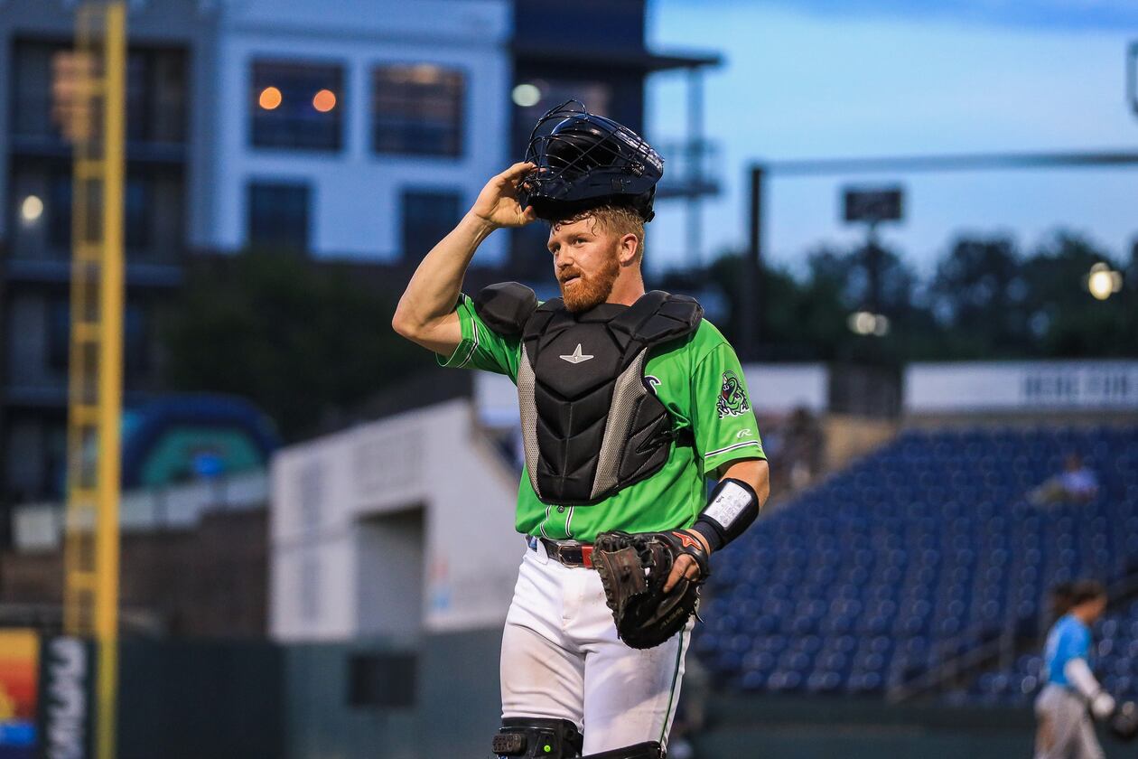 Adam Zebrowski walks off the field during a game at Gwinnett Field. (Maddie LoRae/Gwinnett Stripers)