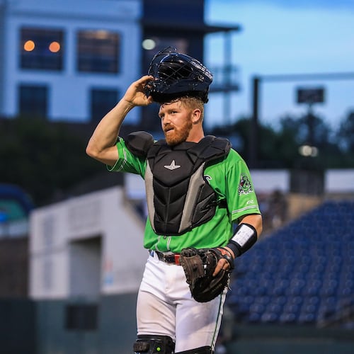 Adam Zebrowski walks off the field during a game at Gwinnett Field. (Maddie LoRae/Gwinnett Stripers)