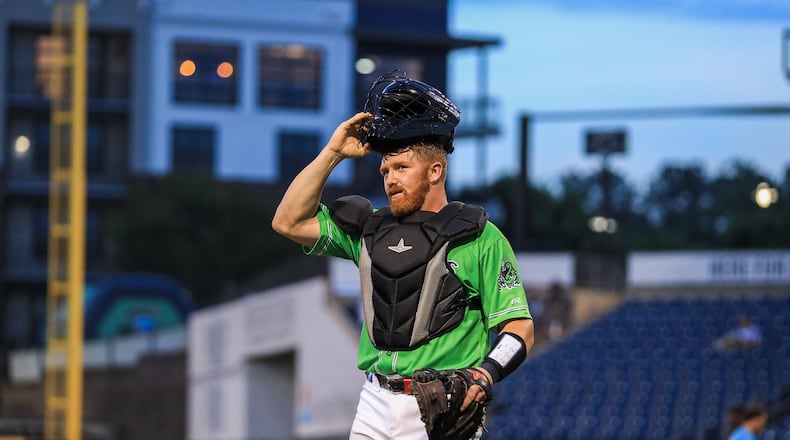 Adam Zebrowski walks off the field during a game at Gwinnett Field. (Maddie LoRae/Gwinnett Stripers)