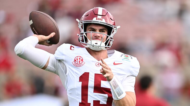 Alabama quarterback Ty Simpson (15) warms up before the Rose Bowl College Football Playoff quarterfinal game against Indiana Thursday, Jan. 1, 2026, in Pasadena, Calif. (AP Photo/Kyusung Gong)