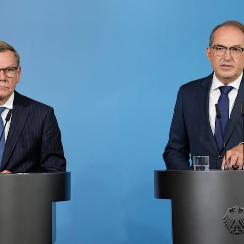 Germany's Interior Minister Alexander Dobrindt and Germany's Foreign Minister Johann Wadephul speak to the media during a press conference in Berlin on Tuesday, Sept. 1, 2026, about the attempted attack on Leipzig/Halle Airport last month with a drone loaded with explosives.(AP Photo/Ebrahim Noroozi)