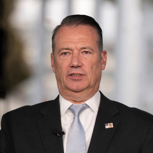 FILE - Todd Lyons, acting director of the U.S. Immigration and Customs. Enforcement (ICE), is interviewed on TV on the White House grounds, Monday, Nov. 3, 2025 in Washington. (AP Photo/Manuel Balce Ceneta, File)