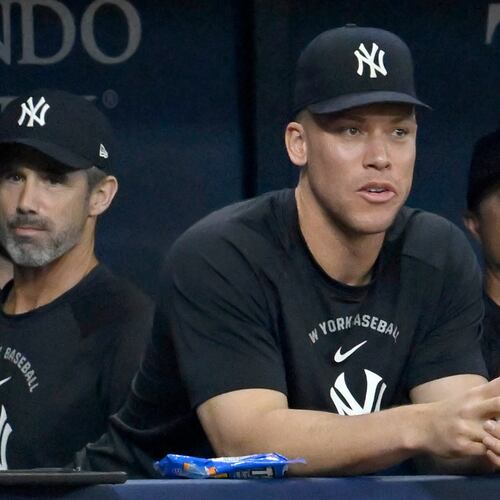 New York Yankees' Aaron Judge watches from the dugout during a baseball game against the Tampa Bay Rays Monday, July 6, 2026, in St. Petersburg, Fla. (AP Photo/Jason Behnken)