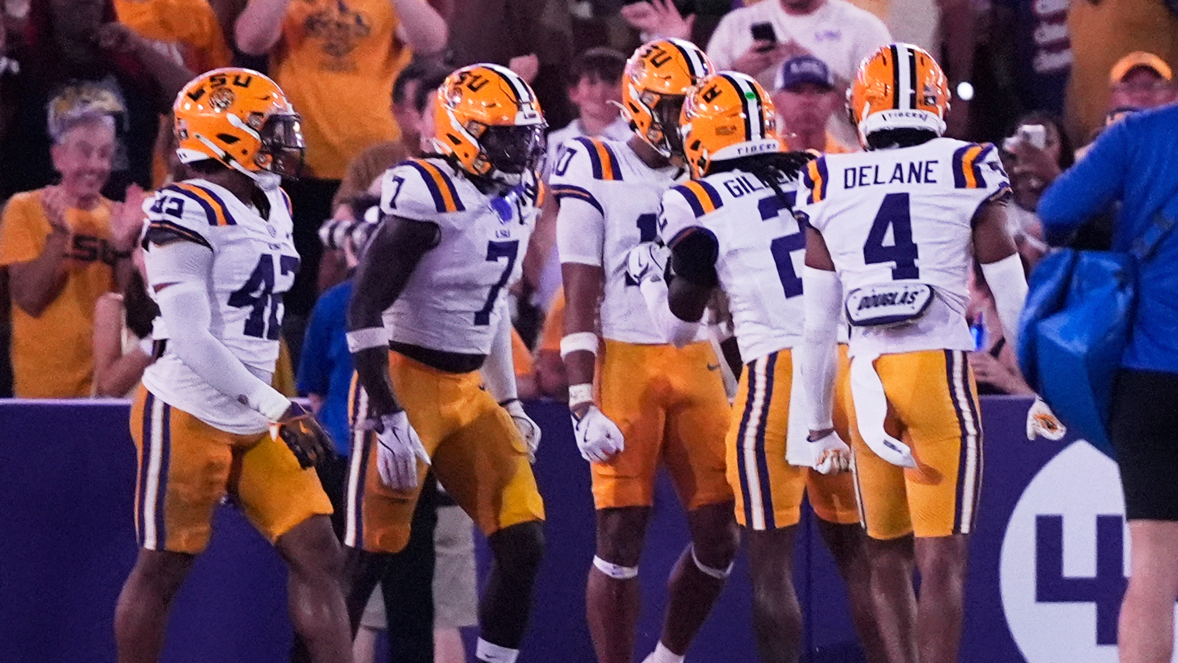 LSU celebrates a pick six by safety Dashawn Spears (10) in the second half of an NCAA college football game against Florida, Saturday, Sept. 13, 2025, in Baton Rouge, La. (AP Photo/Gerald Herbert)
