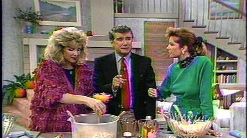 Diane Pfeifer (left) does a popcorn demonstration for Regis Philbin and Kathie Lee Gifford on their talk show, her first television appearance, on Nov. 4, 1988. In addition to writing cookbooks, Pfeifer was a songwriter who wrote two Top 15 country hits for Debby Boone. CONTRIBUTED