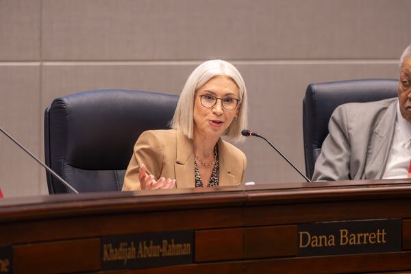 Fulton County Commissioner Dana Barrett, pictured during a meeting in March, spoke in opposition to aspects of the legislation adopted Wednesday to re-establish a budget commission. (Ben Hendren for the AJC)