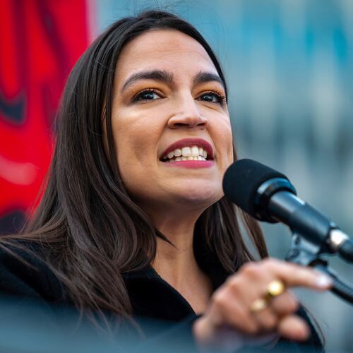 FILE - Rep. Alexandria Ocasio-Cortez, D-N.Y., speaks at the NYCLU's May Day rally for worker's and immigrants rights at Foley Square, May 1, 2025, in New York. (AP Photo/Angelina Katsanis, File)
