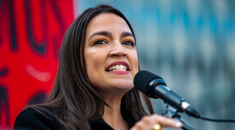 FILE - Rep. Alexandria Ocasio-Cortez, D-N.Y., speaks at the NYCLU's May Day rally for worker's and immigrants rights at Foley Square, May 1, 2025, in New York. (AP Photo/Angelina Katsanis, File)