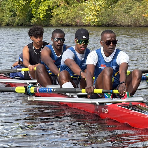 South African rowers, from left, Sheldon Krishnasamy, Lwazi-Tsebo Zwane, Lebone Mokheseng, and Sepitle Leshilo practice on the Charles River in preparation for the Head of the Charles Regatta, Wednesday, Oct. 15, 2025, in Boston. (AP Photo/Rodrique Ngowi)