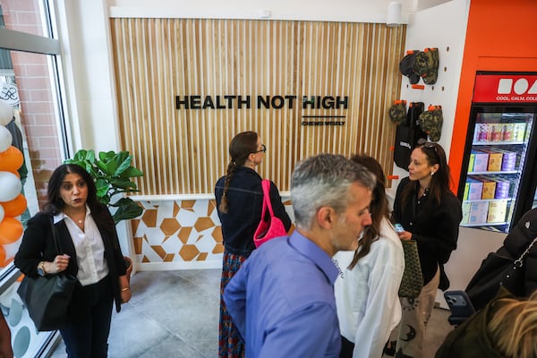 Customers fill the store during the Edibles.com grand opening on Thursday, April 9, 2026, in Atlanta. The store features brands such as Cann and Wana, as well as Atlanta-based Scofflaw Brewing. (Abbey Cutrer/AJC)
