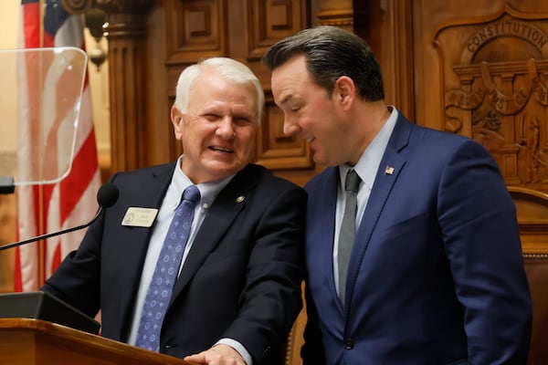 House Speaker Jon Burns, R-Newington, and Lt. Gov. Burt Jones chatted before a joint session of the Legislature earlier this year.