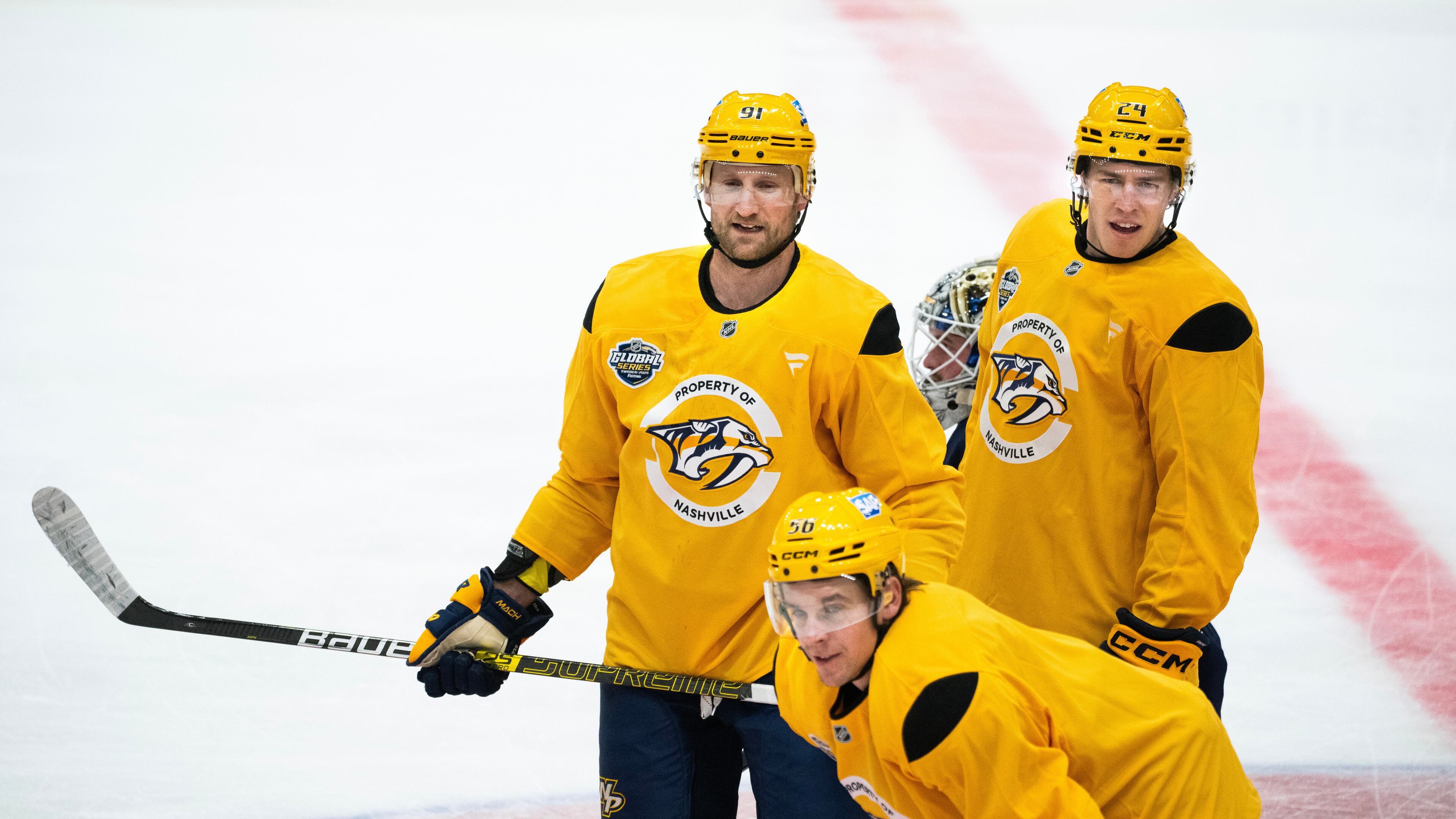 Nashville Predators Steven Stamkos, top left, Spencer Stastney and Erik Haula during a training in Stockholm, Sweden, Wednesday, Nov. 12, 2025, two days ahead of their NHL hockey match against Pittsburg Penguins. (Claudio Bresciani/TT News Agency via AP)