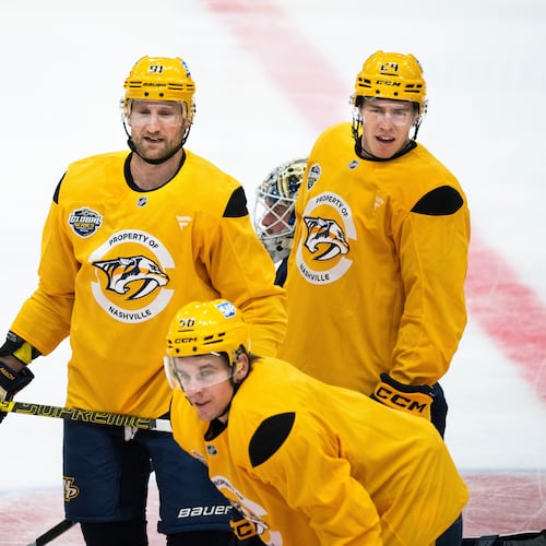 Nashville Predators Steven Stamkos, top left, Spencer Stastney and Erik Haula during a training in Stockholm, Sweden, Wednesday, Nov. 12, 2025, two days ahead of their NHL hockey match against Pittsburg Penguins. (Claudio Bresciani/TT News Agency via AP)