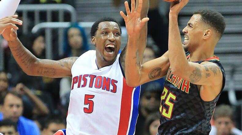 *** VISUAL LEDE *** 102715 ATLANTA: Pistons Kentavious Caldwell-Pope defends against Hawks Thabo Sefolosha during the second half in their first regular season basketball game "home opener" on Tuesday, Oct. 27, 2015, in Atlanta. The Pistons beat the Hawks 106-94. Curtis Compton / ccompton@ajc.com