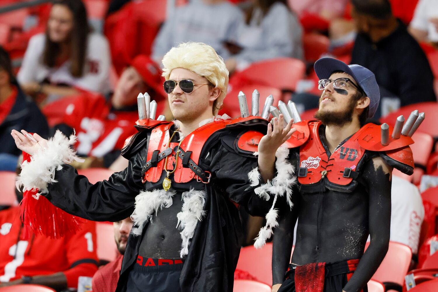 The Georgia Bulldogs Spike Squad get into position before facing the LSU Tigers in the SEC Championship Game at Mercedes-Benz Stadium in Atlanta on Saturday, Dec. 3, 2022. (Bob Andres / Bob Andres for the Atlanta Constitution)