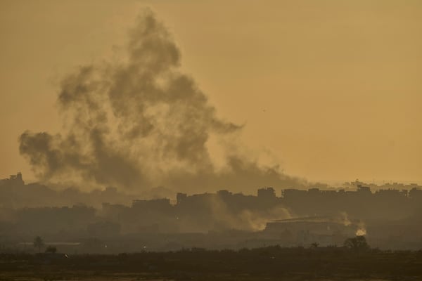 Smoke rises following an Israeli army bombardment in the Gaza Strip, seen from southern Israel, Wednesday, May 21, 2025. (AP Photo/Ohad Zwigenberg)