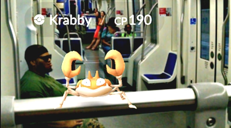 The Atlanta Streetcar is very effective for quickly hatching eggs in "Pokemon Go." This Krabby is just one of the many Pokemon that can be caught along the streetcar's route through downtown Atlanta.