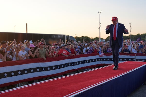 President Donald Trump dances after speaking at a rally at the Iowa State Fairgrounds, Thursday, July 3, 2025, in Des Moines, Iowa. (AP Photo/Alex Brandon)