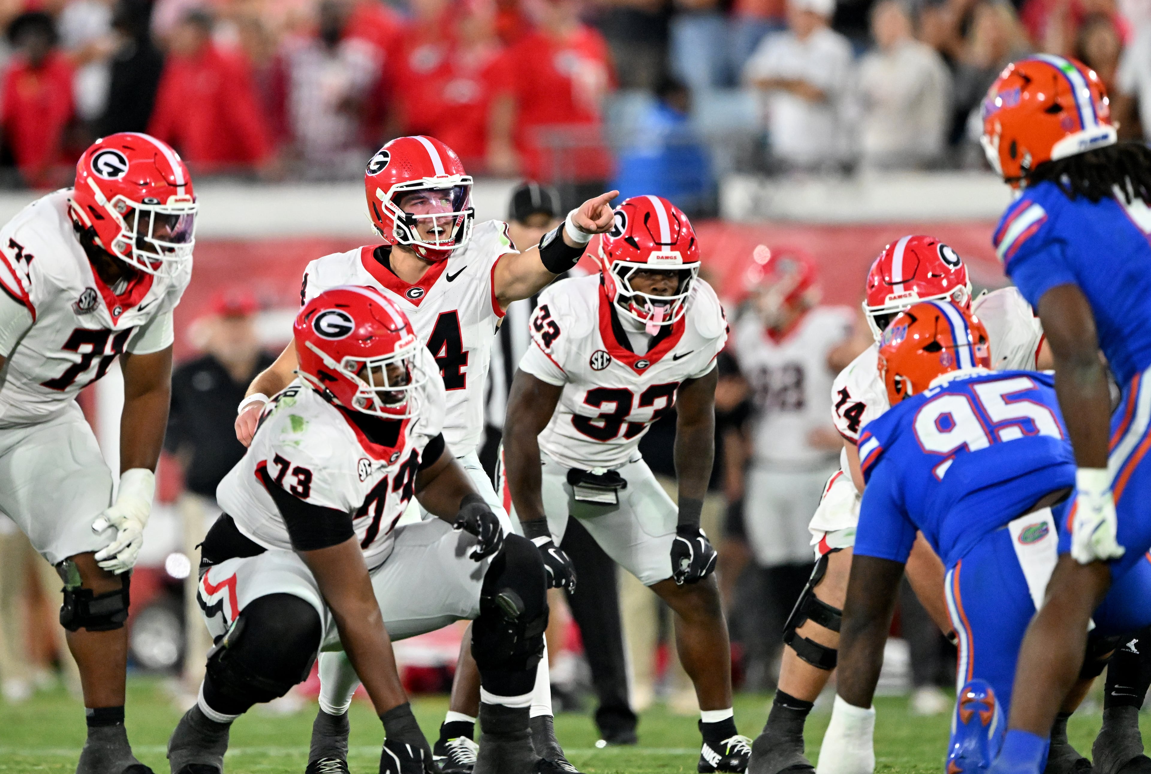 Georgia quarterback Gunner Stockton (14) shouts instructions during the second half in an NCAA football game, Saturday, November 1, 2025, Jacksonville, Fla. Georgia won 24-20 over Florida. (Hyosub Shin / AJC)