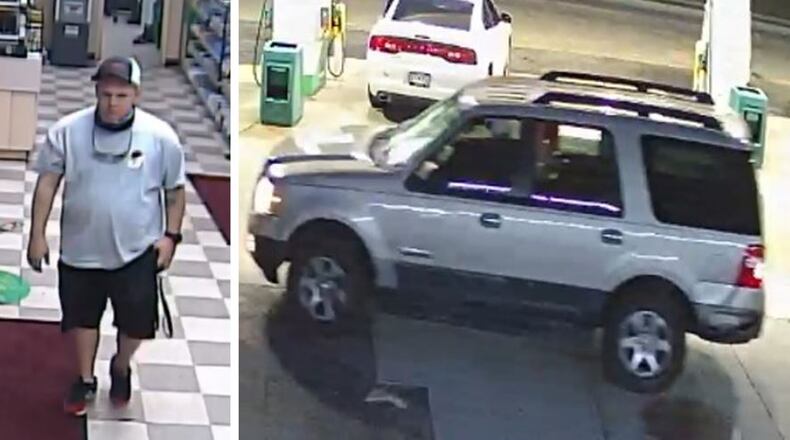 The woman was putting air in the tires of her car. The man backed out of a parking space and slammed into her.