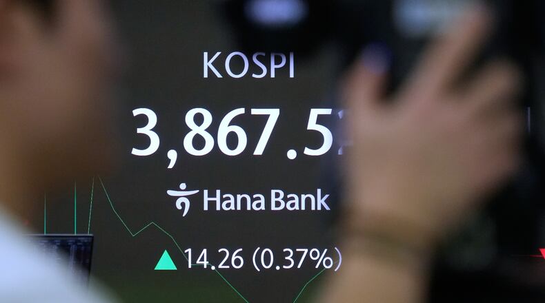 A TV camera man stands near a screen showing the Korea Composite Stock Price Index (KOSPI) at the foreign exchange dealing room of the Hana Bank headquarters in Seoul, South Korea, Monday, Nov. 24, 2025. (AP Photo/Ahn Young-joon)