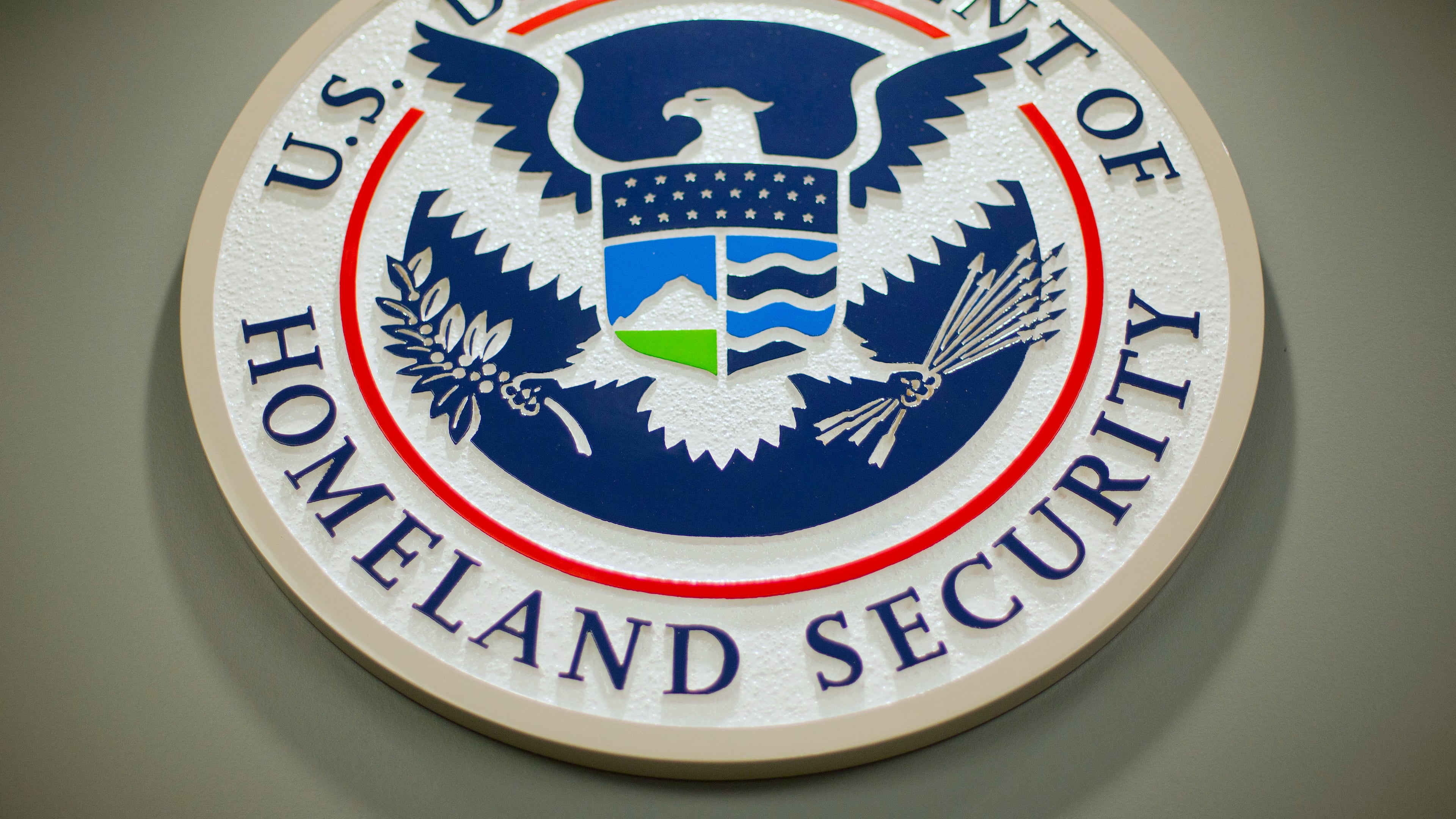 FILE - The Department of Homeland Security logo is seen during a news conference in Washington, Feb. 25, 2015. (AP Photo/Pablo Martinez Monsivais, File)
