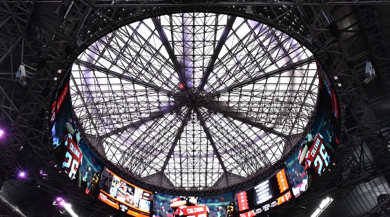 The 360-degree video board is a centerpiece of Mercedes-Benz Stadium.