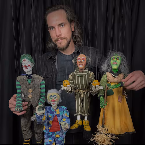 The Supermarket will host a double-feature puppet show featuring “Phantasmagoria” by Puppet Pants (shown here with some of his marionettes) and “Unraveling” by Shadow Girls Cult on Monday, April 27. (Courtesy of Puppet Pants Productions)