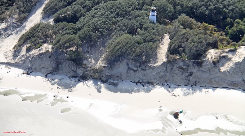 Large chunks of beach on the north tip of Little Cumberland Island have eroded, threatening to topple the island’s nearly 200-year-old lighthouse and plunge it into the Atlantic Ocean.
