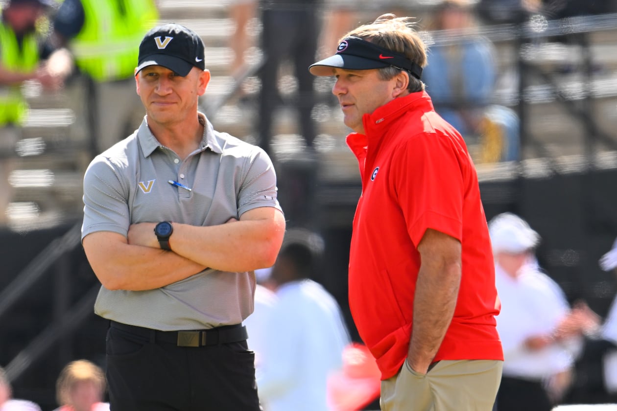 Vanderbilt head coach Clark Lea (left) and Georgia head coach Kirby Smart speak before their game on Saturday, Oct. 14, 2023, in Nashville, Tenn. Vanderbilt does not have the same opportunity that Georgia does this weekend. (John Amis for the AJC 2023)