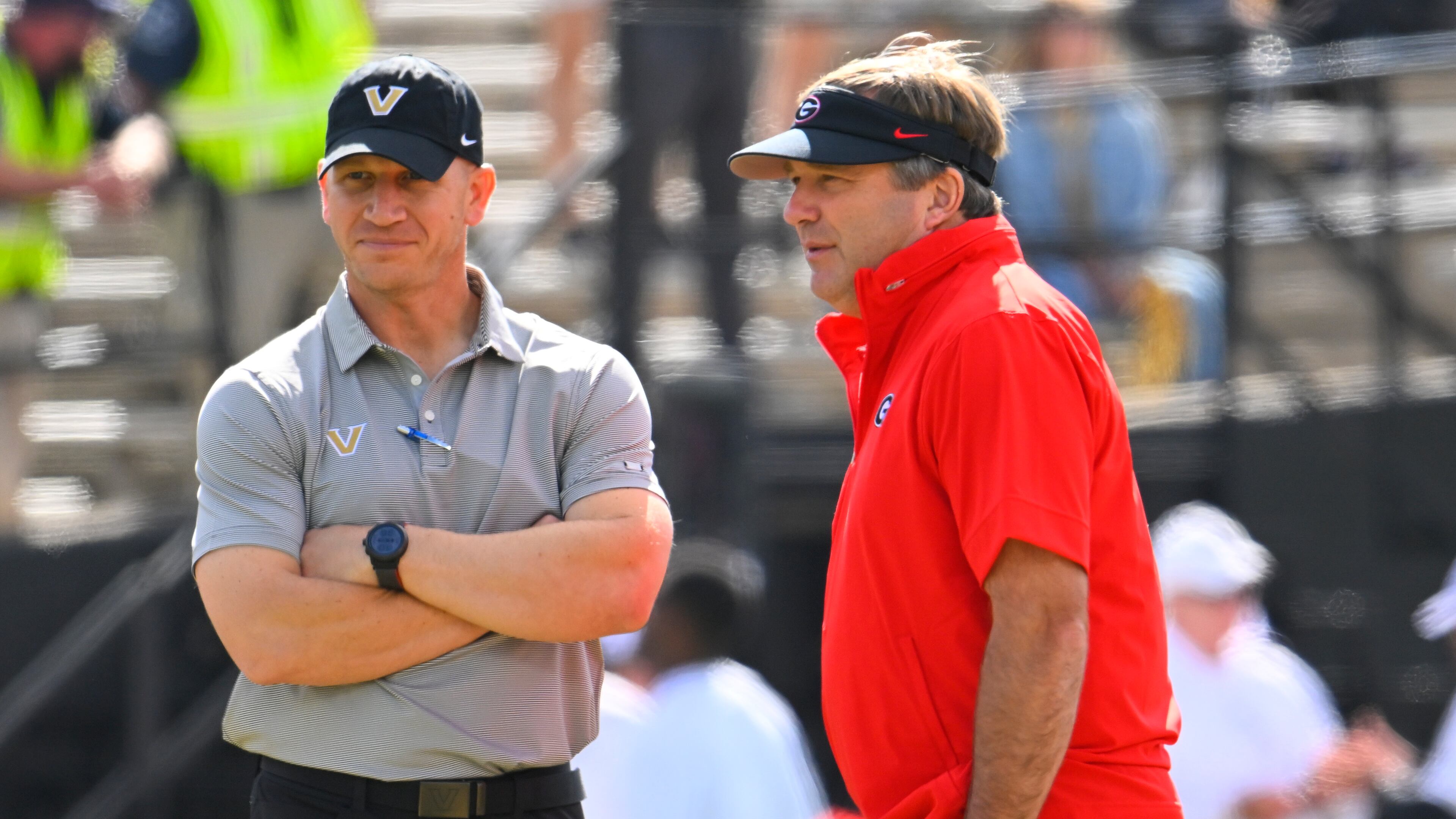 Vanderbilt head coach Clark Lea (left) and Georgia head coach Kirby Smart speak before their game on Saturday, Oct. 14, 2023, in Nashville, Tenn. Vanderbilt does not have the same opportunity that Georgia does this weekend. (John Amis for the AJC 2023)
