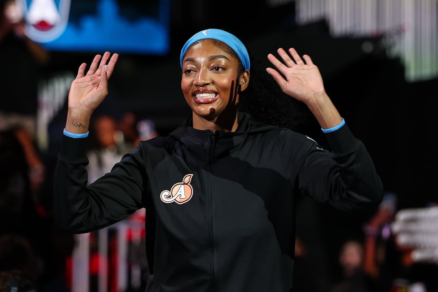 Atlanta Dream forward Angel Reese reacts during player intros before the start of a WNBA game against the Las Vegas Aces at State Farm Arena on Sunday, May 17, 2026, in Atlanta. (Colin Hubbard for the AJC) 