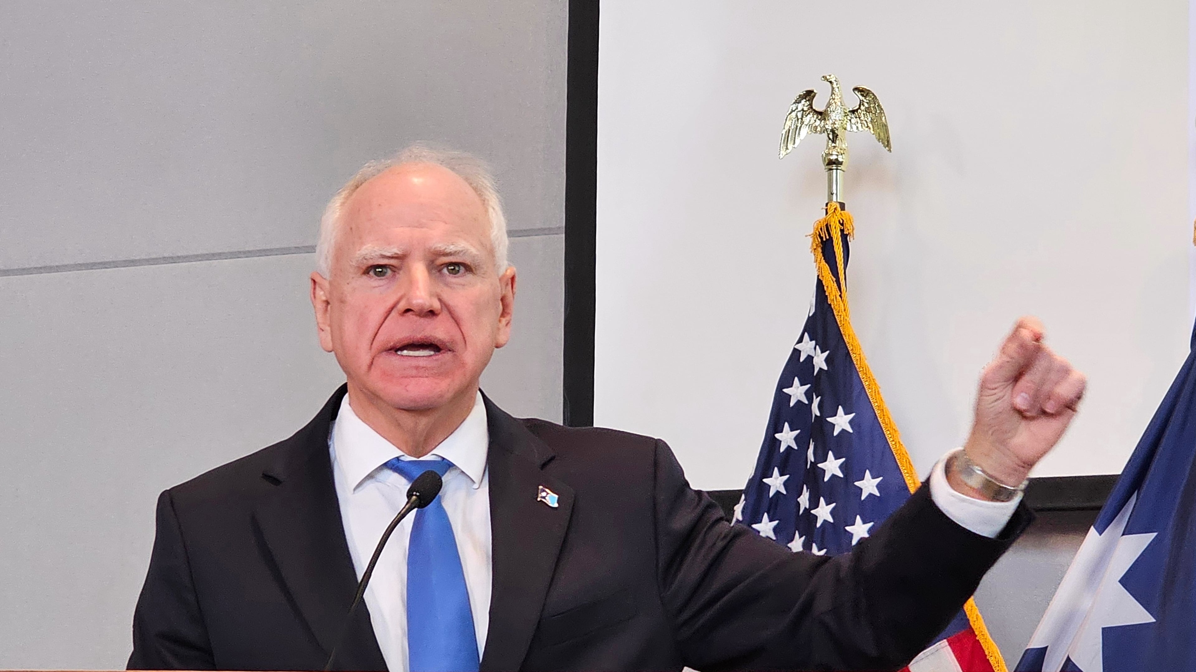 Democratic Gov. Tim Walz, speaking at a news conference on Thursday, Dec. 4, 2025, in St. Paul, denounces President Donald Trump for calling Minnesota's Somali community "garbage" and dismissing the state as a "hellhole." (AP Photo/Steve Karnowski)
