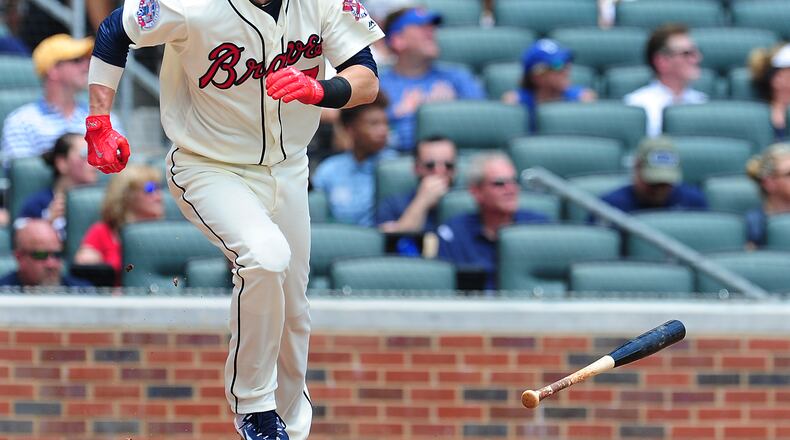 Dansby Swanson drives in the Braves only run Sunday with a second-inning sacrifice fly. (Photo by Scott Cunningham/Getty Images)