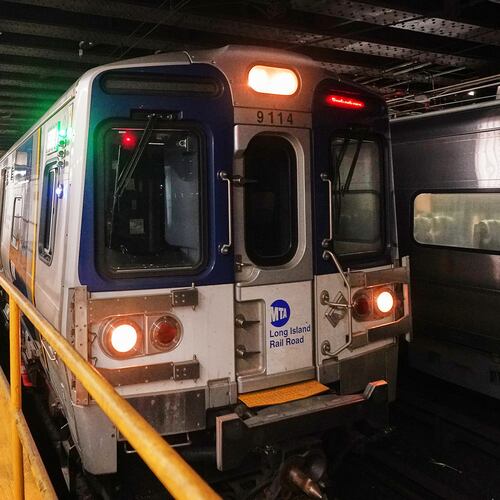 The first departing Long Island Rail Road train leaves Pennsylvania Station, in New York, Tuesday, May 19, 2026. (AP Photo/Richard Drew)