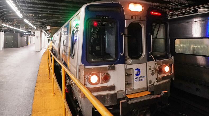 The first departing Long Island Rail Road train leaves Pennsylvania Station, in New York, Tuesday, May 19, 2026. (AP Photo/Richard Drew)