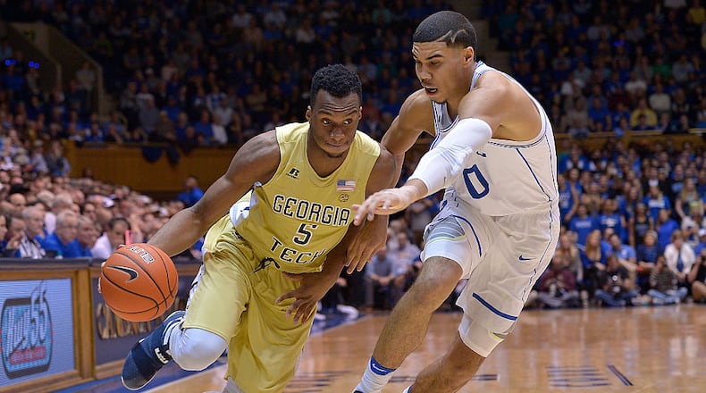 Jayson Tatum of Duke defends Josh Okogie of Georgia Tech during the game at Cameron Indoor Stadium on January 4, 2017 in Durham, North Carolina. Duke won 110-57. (Photo by Grant Halverson/Getty Images)