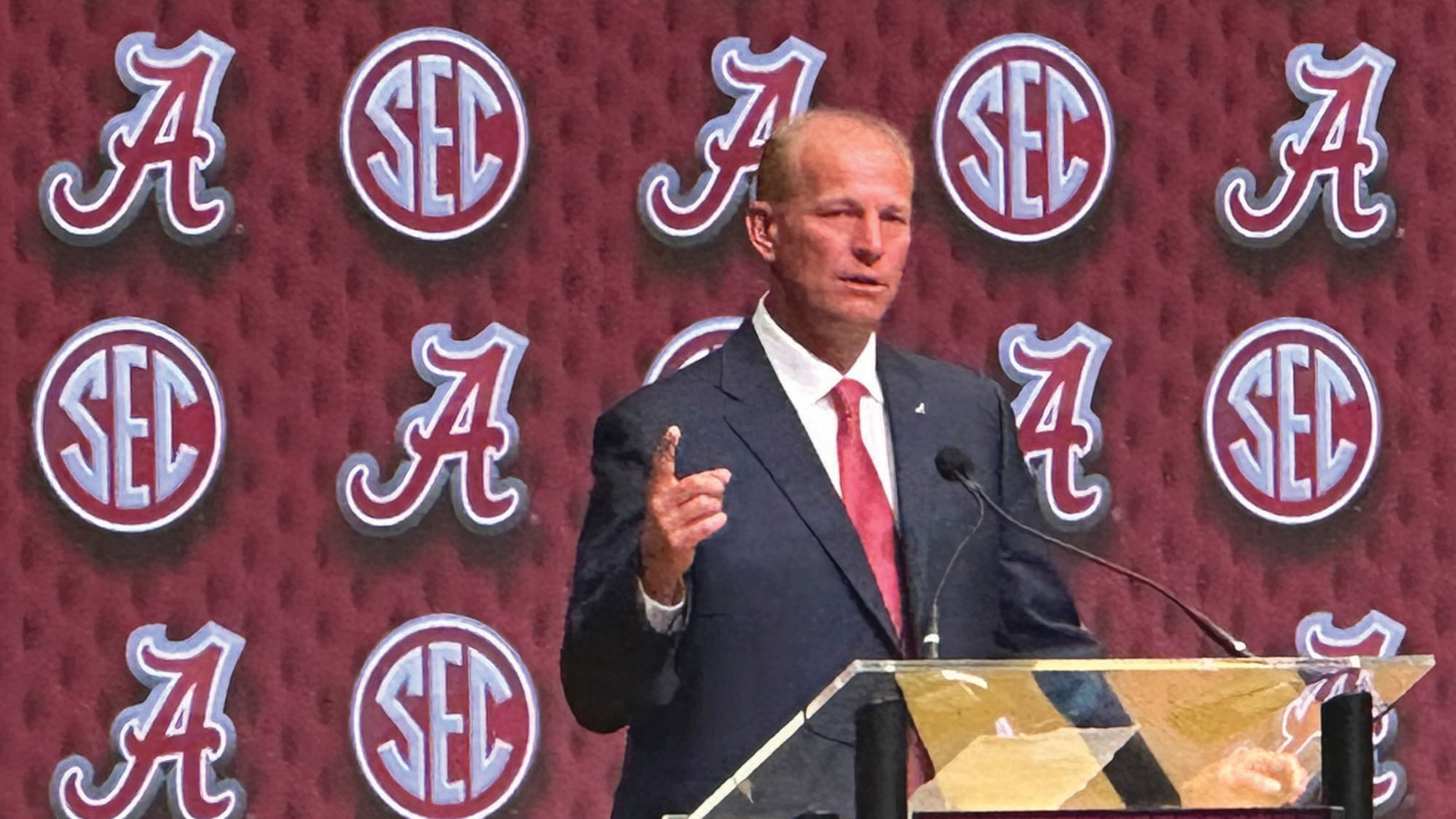 “We’re going to take advantage of the failures we’ve had and be better because of it,” Alabama football coach Kalen DeBoer said during Wednesday's SEC Media Days. (Hunter Dawkins/The Gazebo Gazette via AP)